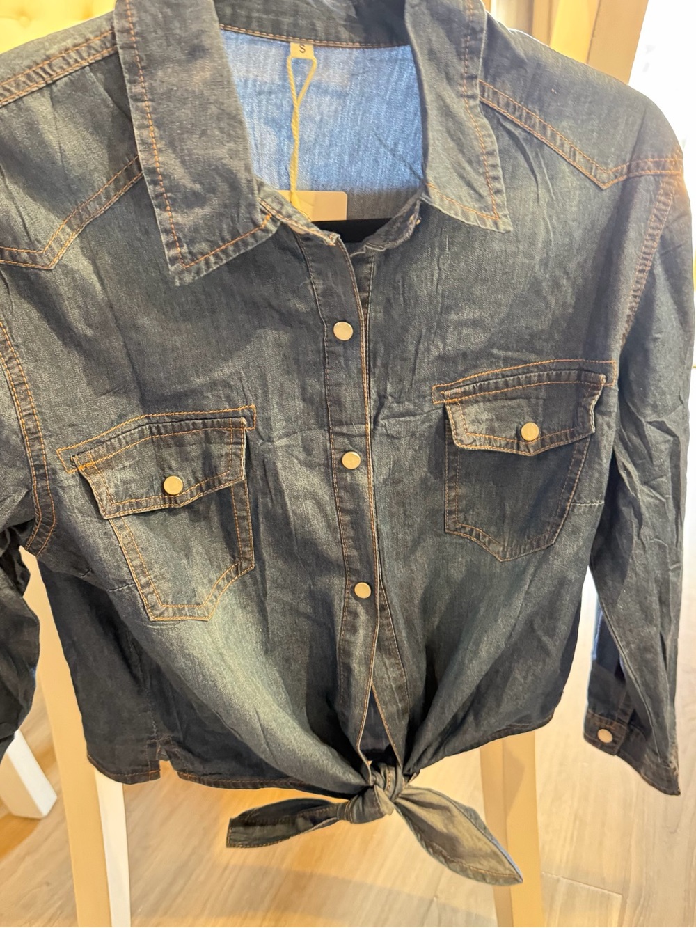 Tied Front Denim Button-Down Shirt - Dark Blue